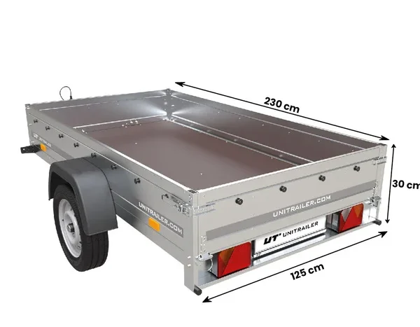 Remorque voiture simple essieu Unitrailer Garden Trailer 230 x 125 cm avec timon fixe 500/750 kg